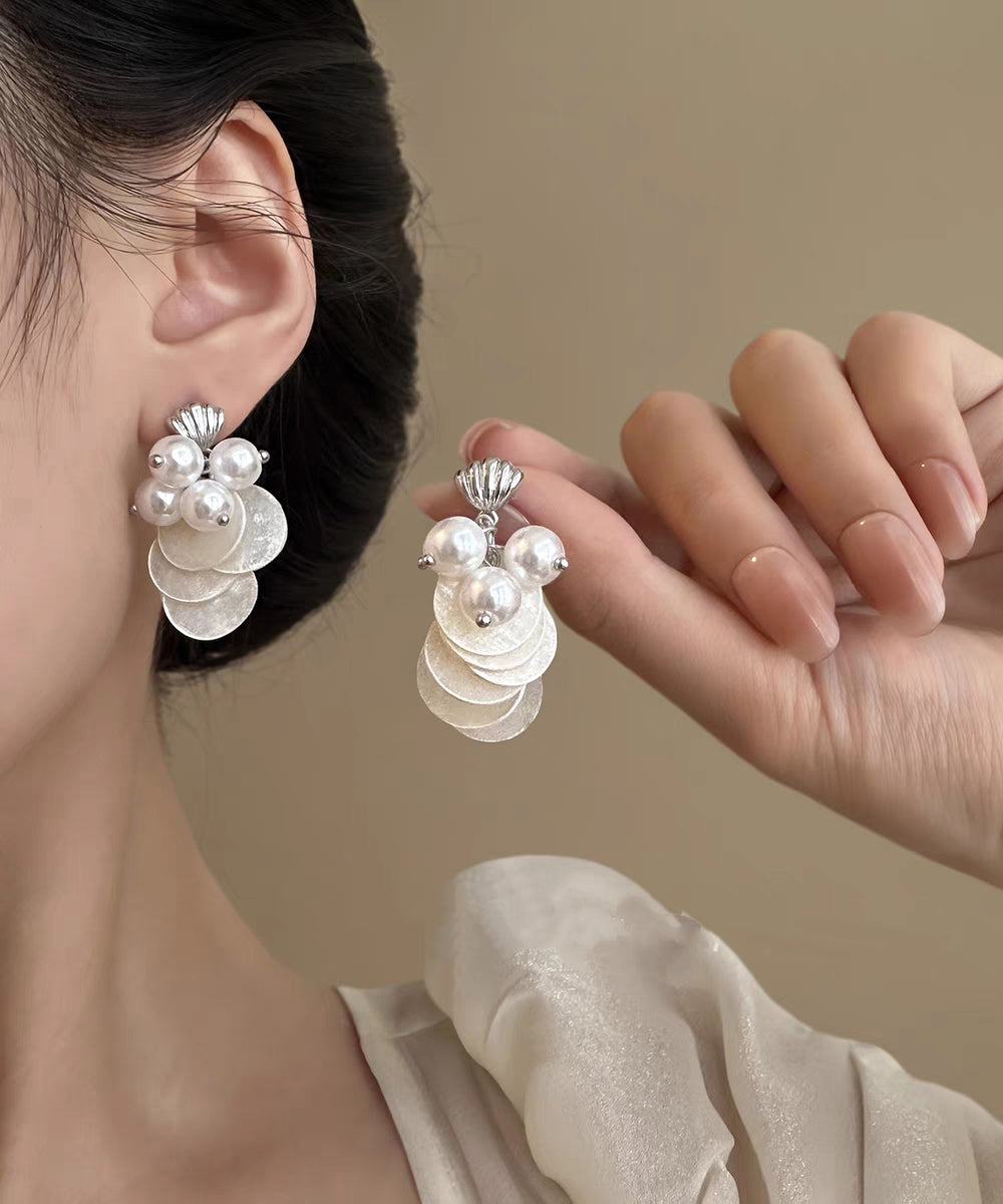 White Sterling Silver Alloy Shell Pearl Tassel Stud Earrings