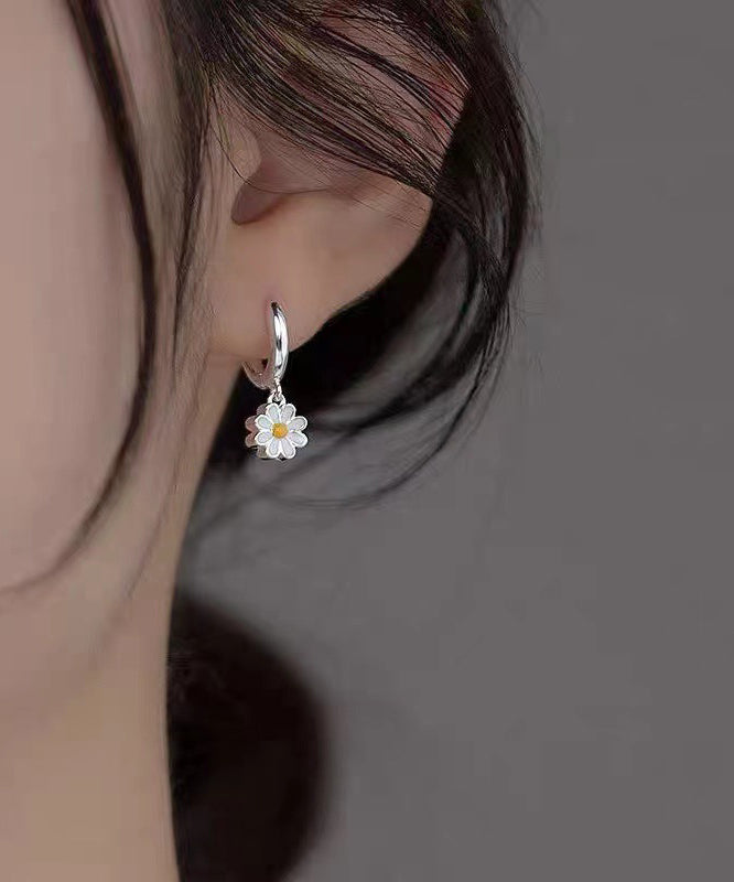 White Sterling Silver Chrysanthemum Hoop Earrings