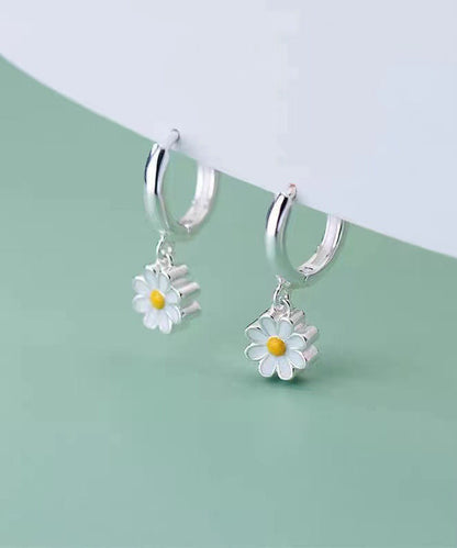 White Sterling Silver Chrysanthemum Hoop Earrings