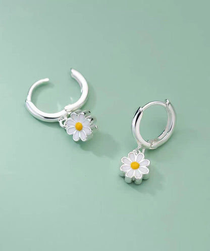 White Sterling Silver Chrysanthemum Hoop Earrings