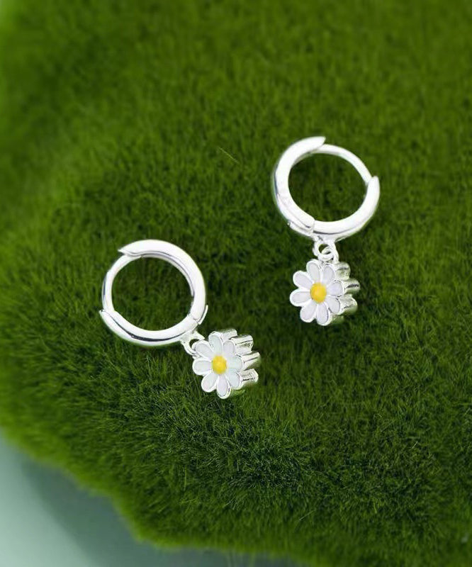 White Sterling Silver Chrysanthemum Hoop Earrings