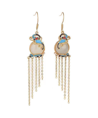 Yellow Jade Cloisonne Gem Stone Butterfly Tassel Drop Earrings