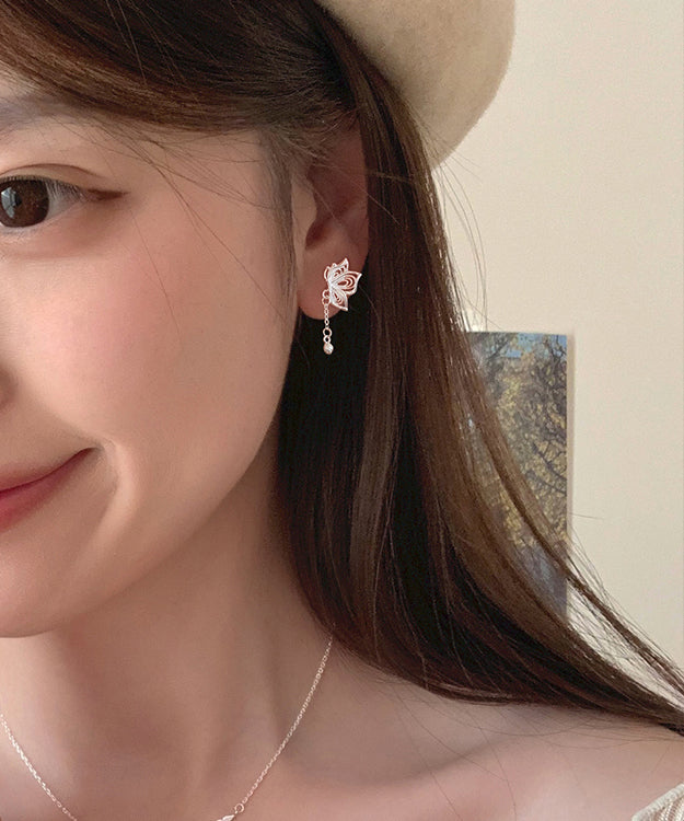 Exquisite Silver Butterfly Tassel Stud Earrings