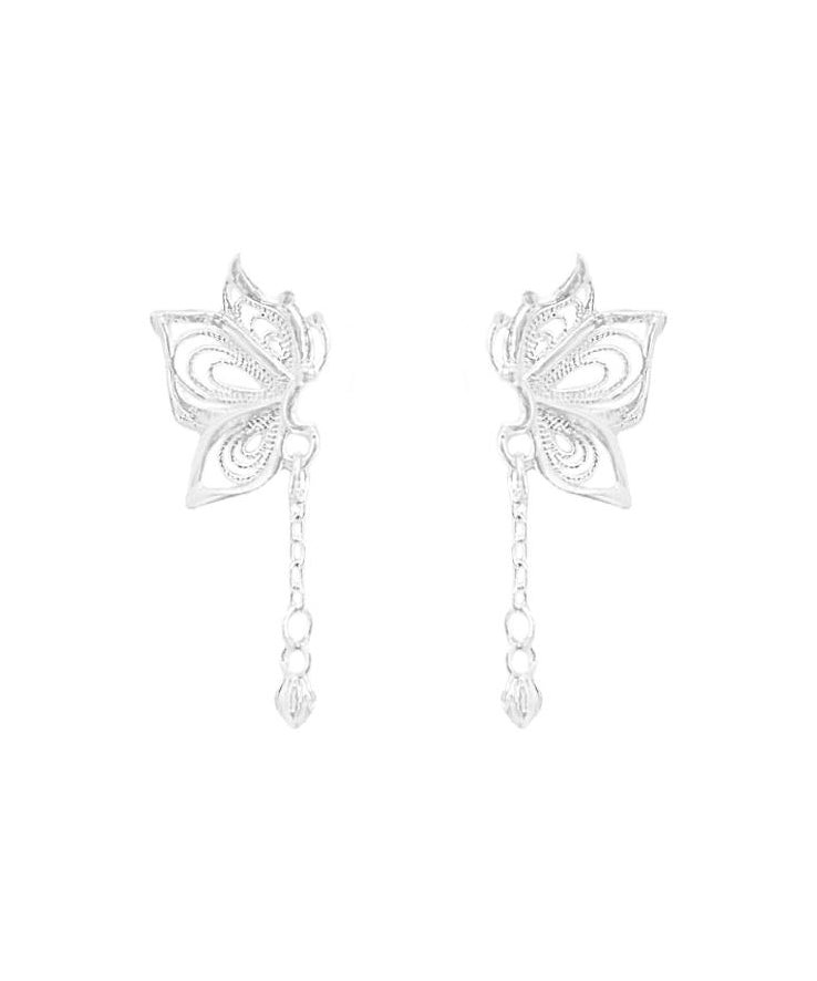 Exquisite Silver Butterfly Tassel Stud Earrings