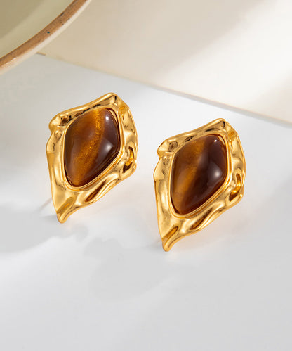 Brown Copper Asymmetrical Wrinkled Gem Stone Stud Earrings