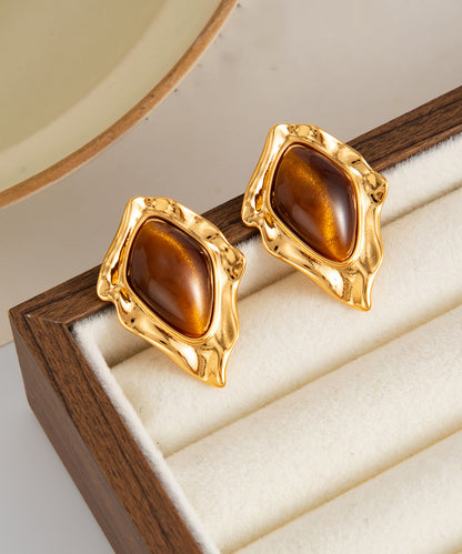 Brown Copper Asymmetrical Wrinkled Gem Stone Stud Earrings