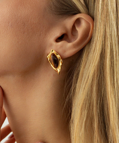 Brown Copper Asymmetrical Wrinkled Gem Stone Stud Earrings