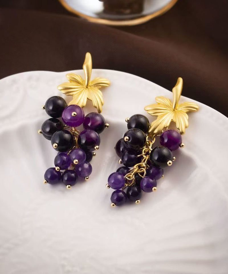 Dark Purple Sterling Silver Overgild Grape Drop Earrings