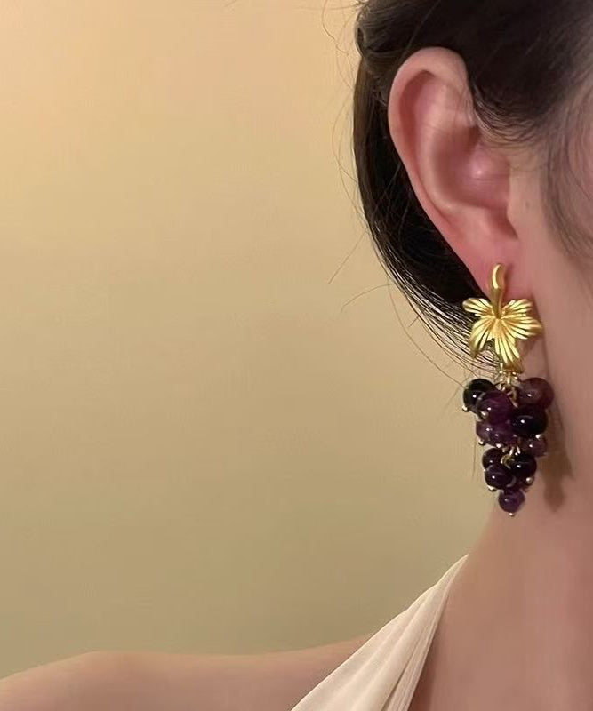 Dark Purple Sterling Silver Overgild Grape Drop Earrings