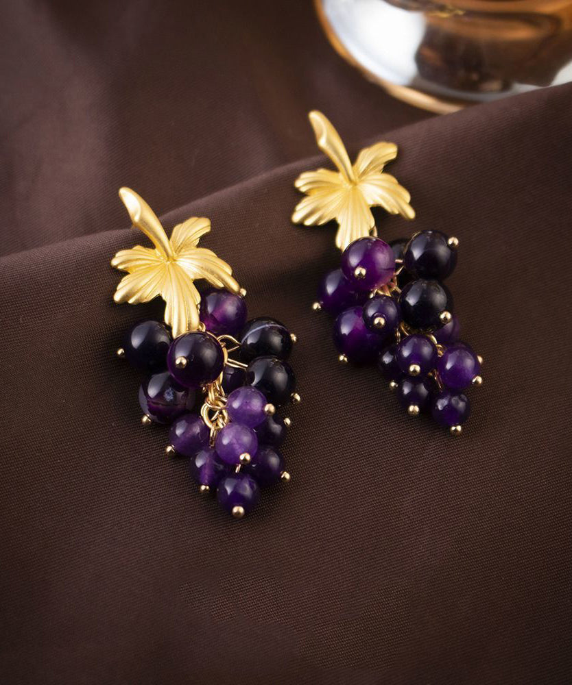 Dark Purple Sterling Silver Overgild Grape Drop Earrings