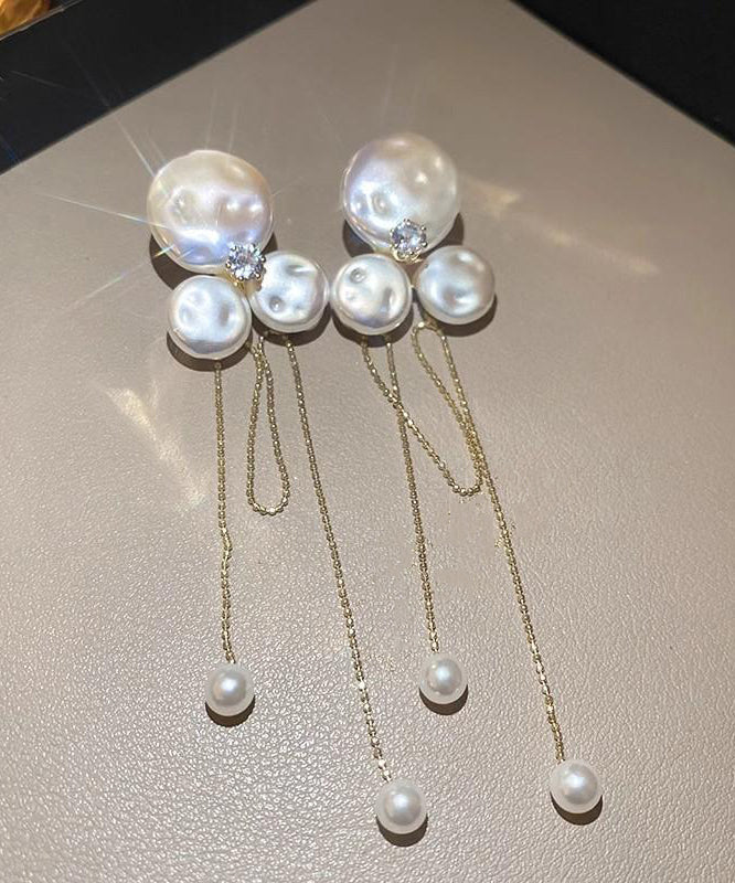 Gold Alloy Zircon Pearl Tassel Drop Earrings