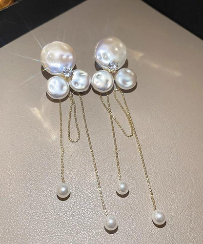 Gold Alloy Zircon Pearl Tassel Drop Earrings
