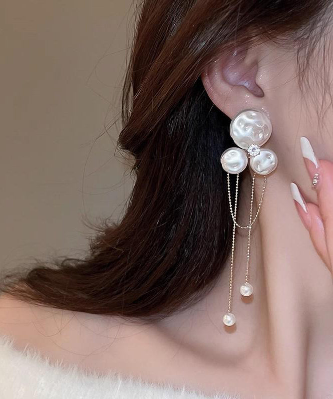Gold Alloy Zircon Pearl Tassel Drop Earrings
