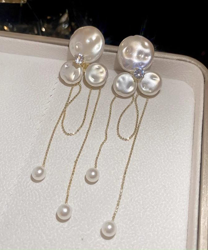 Gold Alloy Zircon Pearl Tassel Drop Earrings