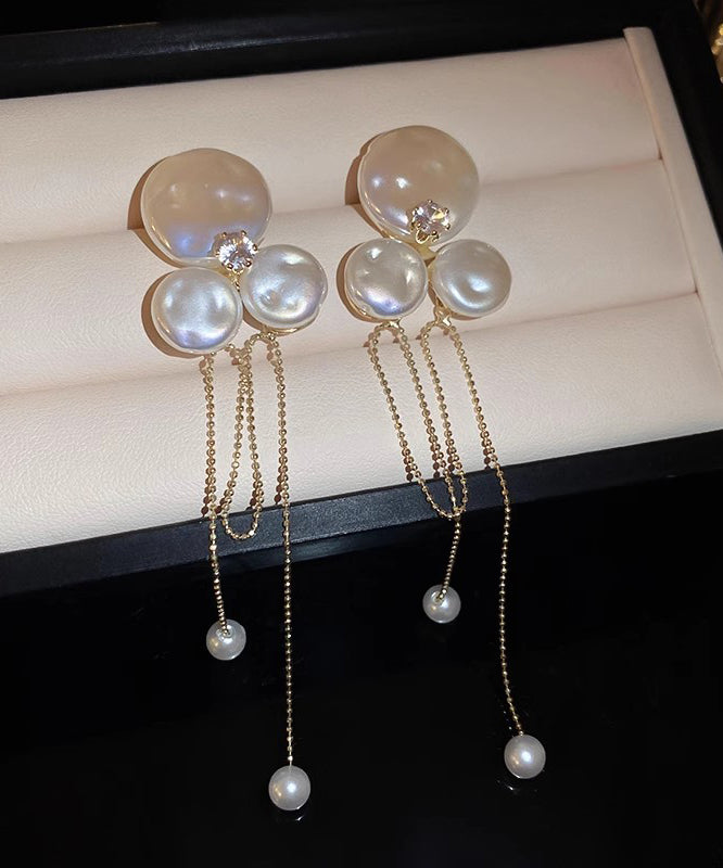 Gold Alloy Zircon Pearl Tassel Drop Earrings