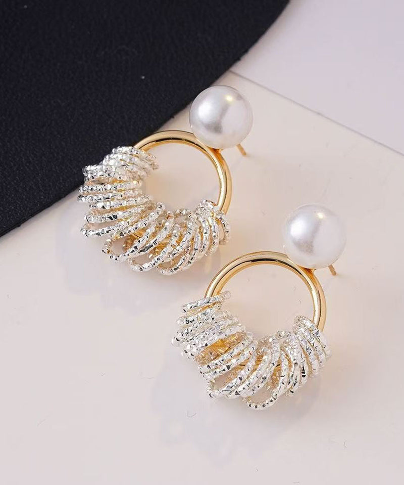 Gold Copper Alloy Pearl Hoop Earrings