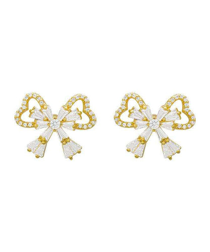 Gold Sterling Silver Alloy Zircon Bow Stud Earrings