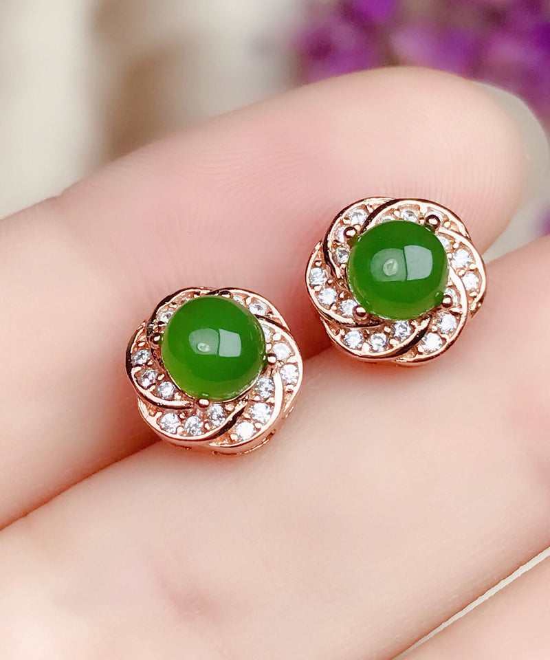 Green Silver Overgild Zircon Jade Stud Earrings