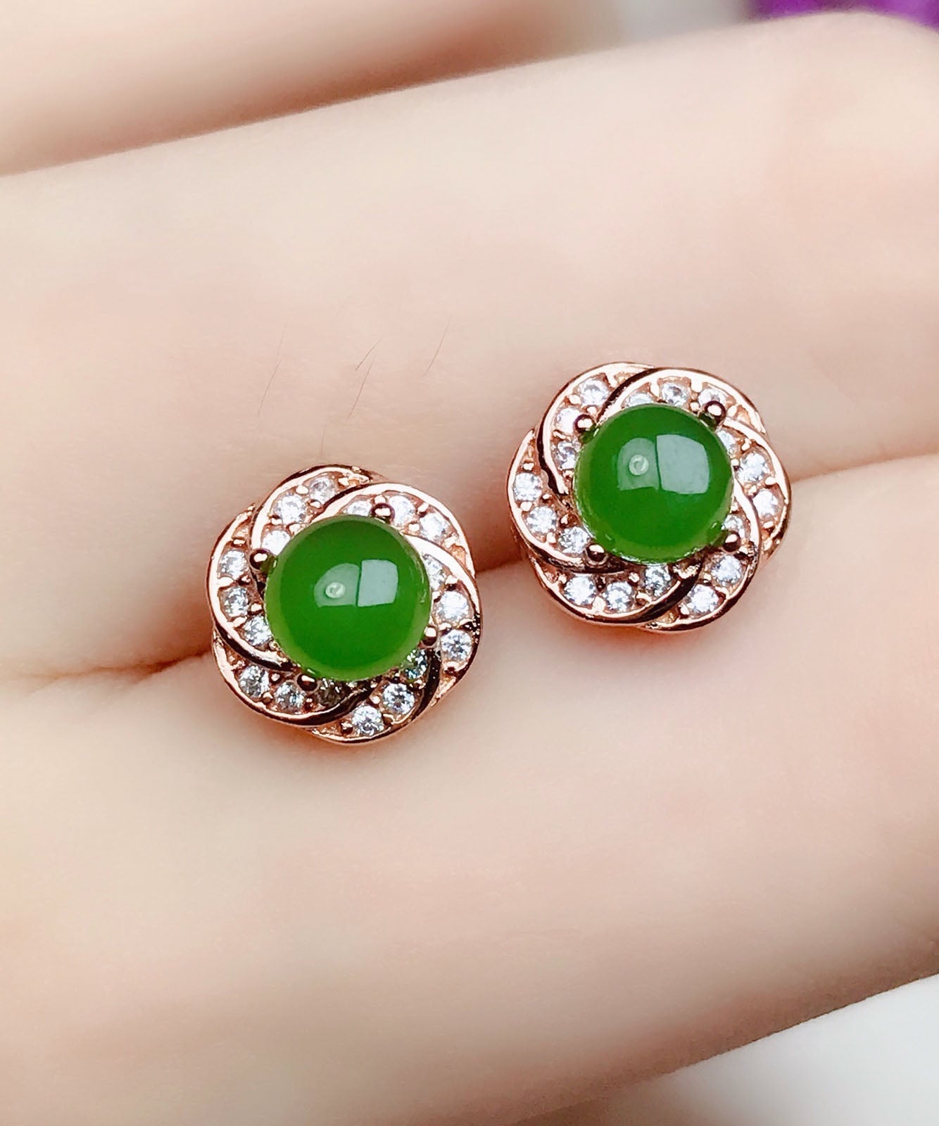 Green Silver Overgild Zircon Jade Stud Earrings