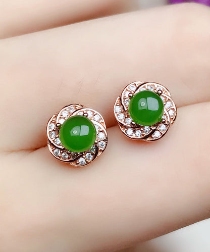 Green Silver Overgild Zircon Jade Stud Earrings
