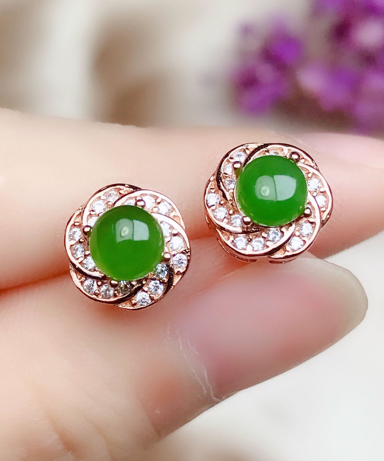 Green Silver Overgild Zircon Jade Stud Earrings