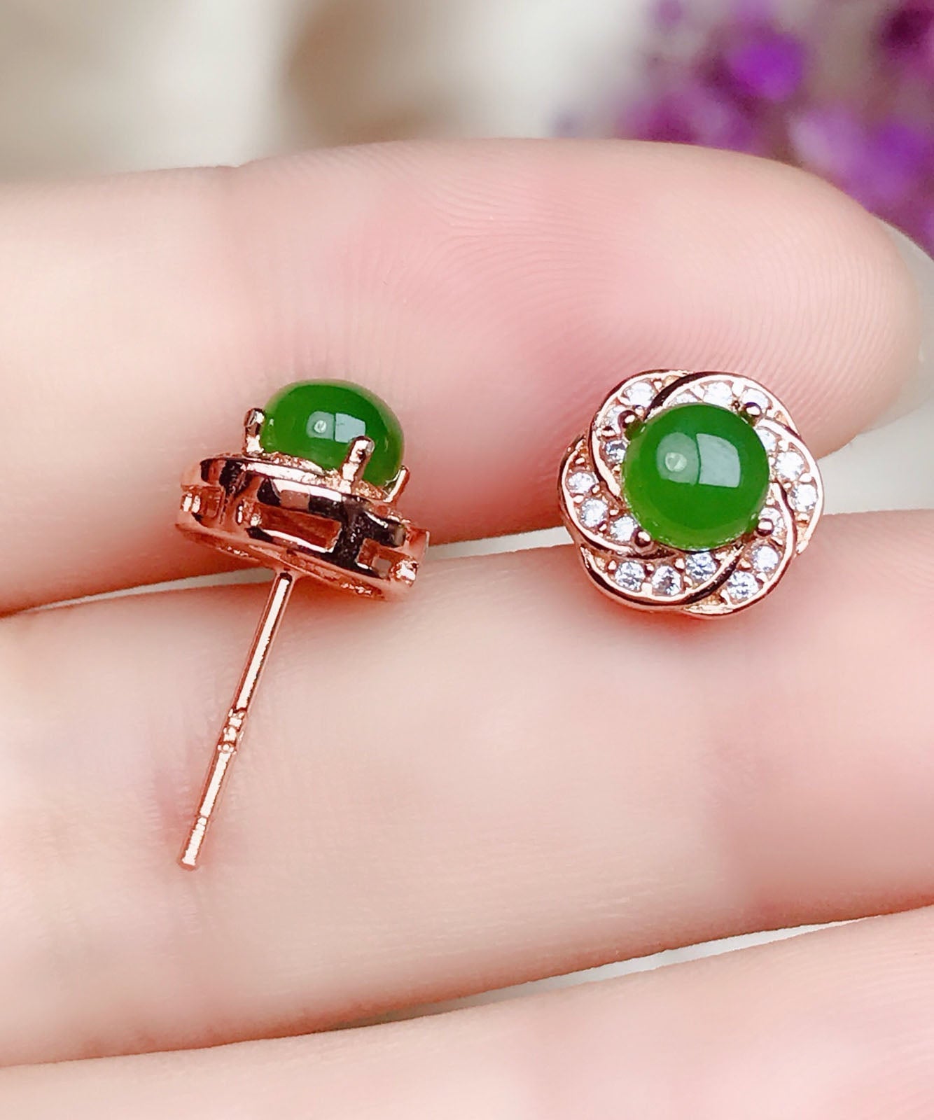 Green Silver Overgild Zircon Jade Stud Earrings