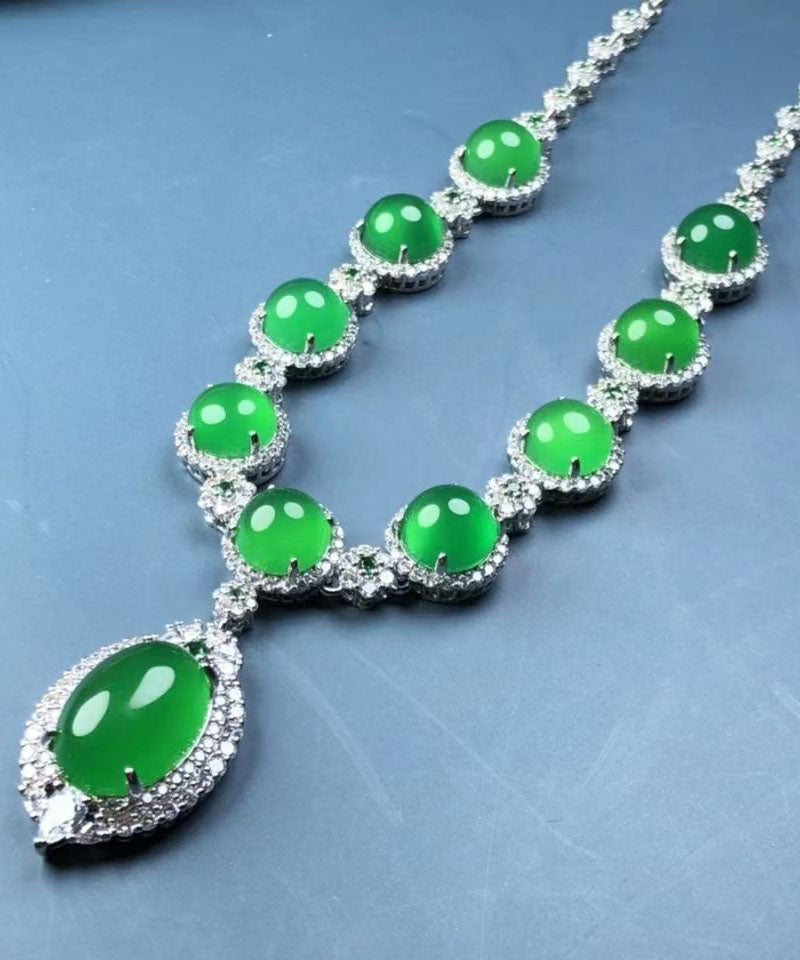 Green Sterling Silver Inlaid Zircon Chalcedony Pendant Necklace