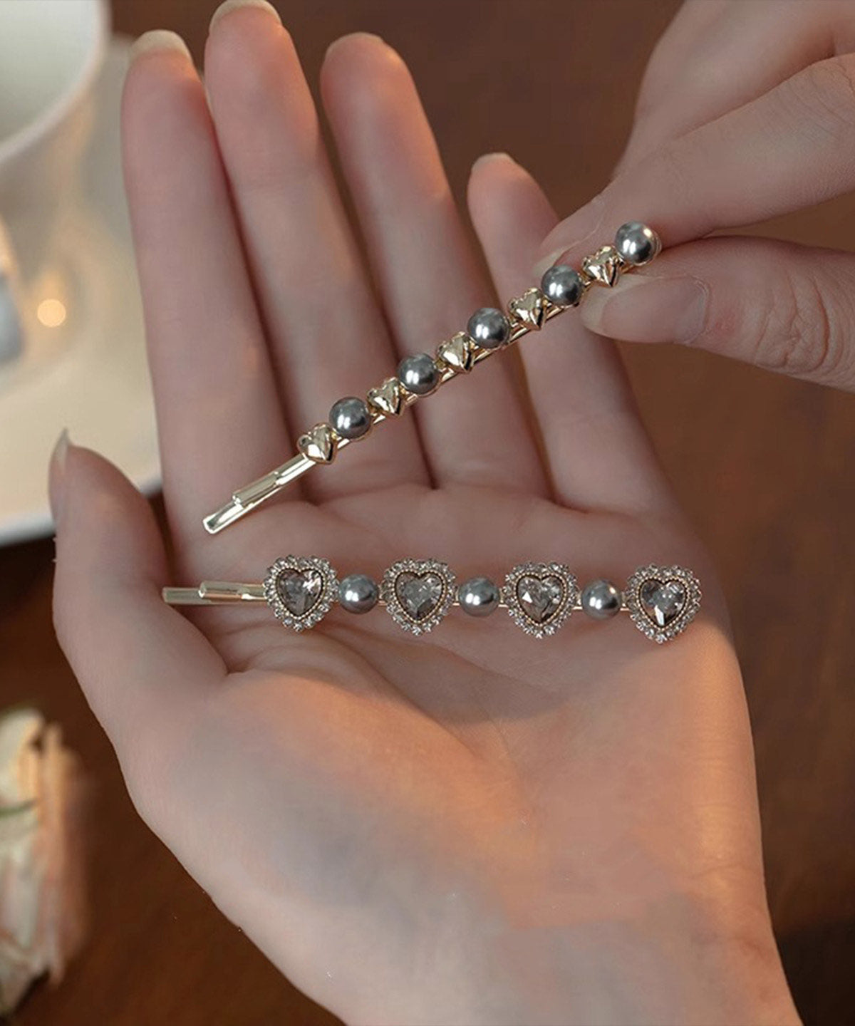Grey Alloy Crystal Zircon Pearl a Pair Hairpin
