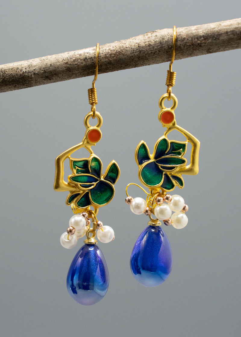 Peacock Blue Water Droplet Gem Stone Drop Earrings
