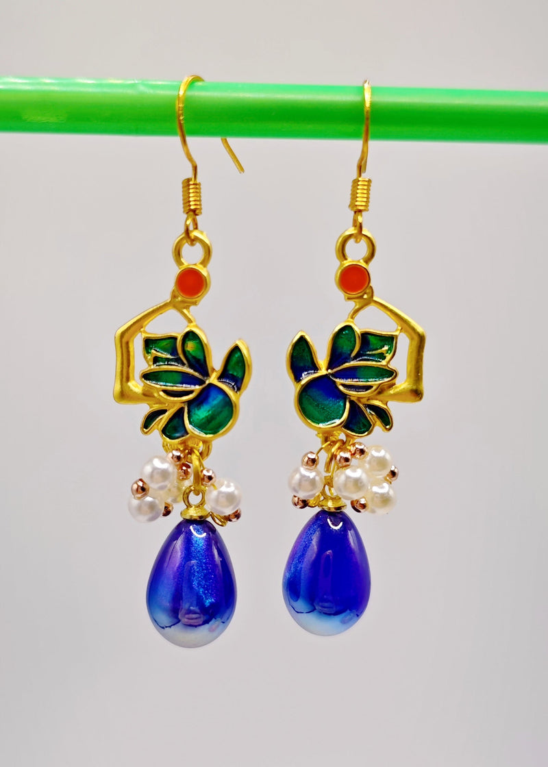 Peacock Blue Water Droplet Gem Stone Drop Earrings