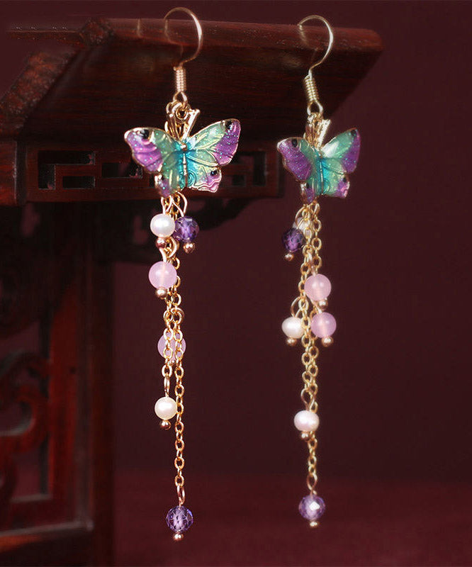 Pink Sterling Silver Pearl Chalcedony Butterfly Tassel Drop Earrings