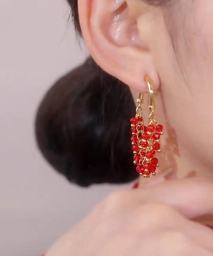 Red Copper Alloy Beading Hoop Earrings