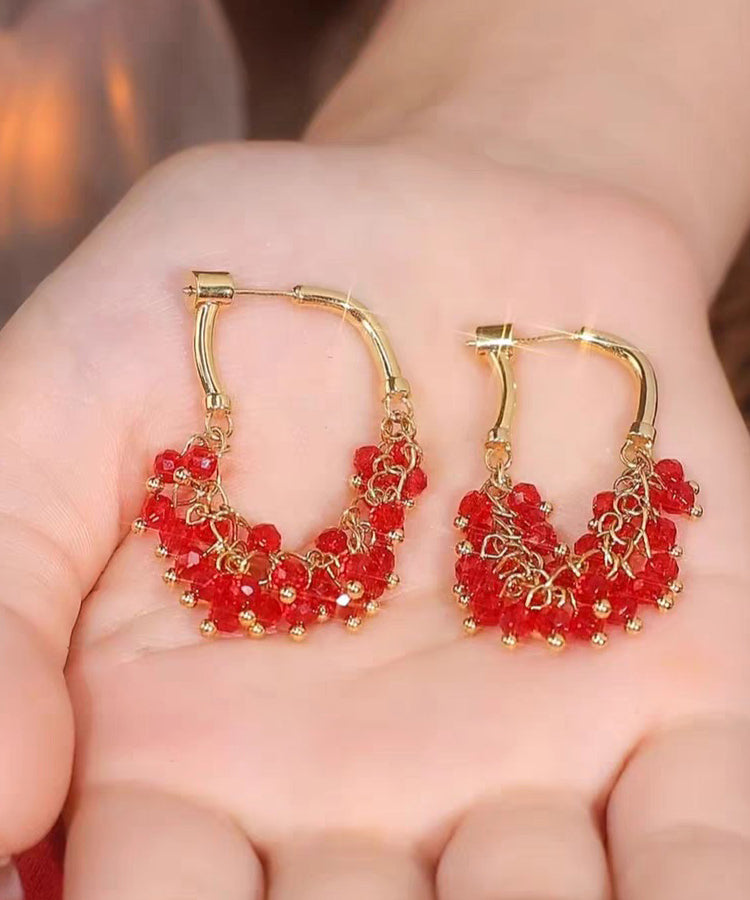 Red Copper Alloy Beading Hoop Earrings