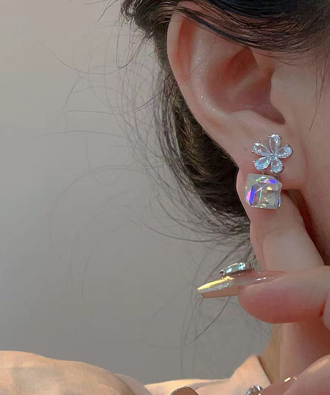 Sterling Silver Sugar Cube Crystal Drop Earrings