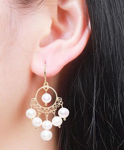 White 14k Gold Pearl Tassel Drop Earrings