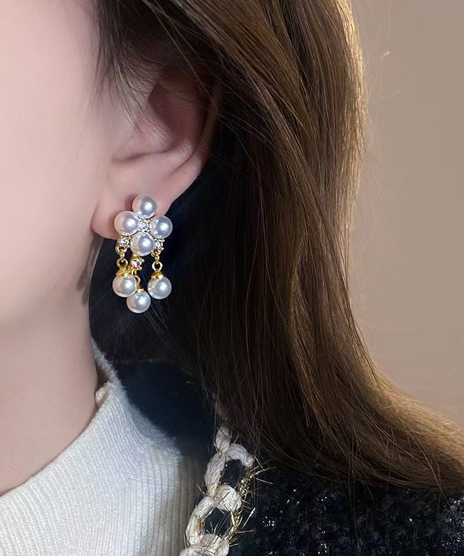 White Copper Alloy Zircon Pearl Tassel Drop Earrings