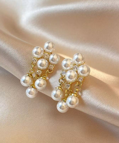 White Copper Alloy Zircon Pearl Tassel Drop Earrings