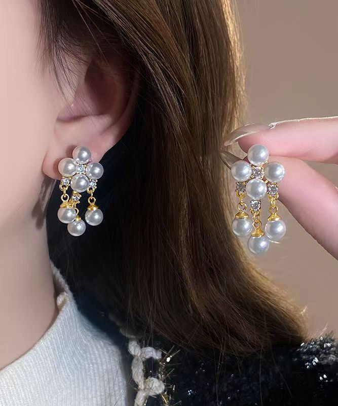 White Copper Alloy Zircon Pearl Tassel Drop Earrings