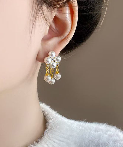 White Copper Alloy Zircon Pearl Tassel Drop Earrings