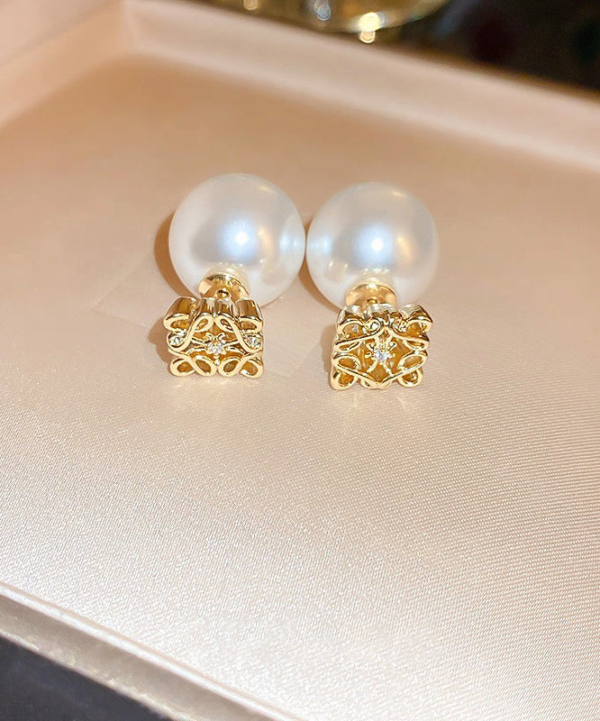 White Copper Overgild Pearl Stud Earrings