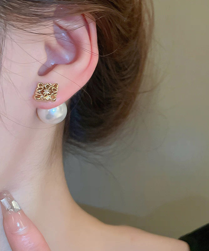 White Copper Overgild Pearl Stud Earrings