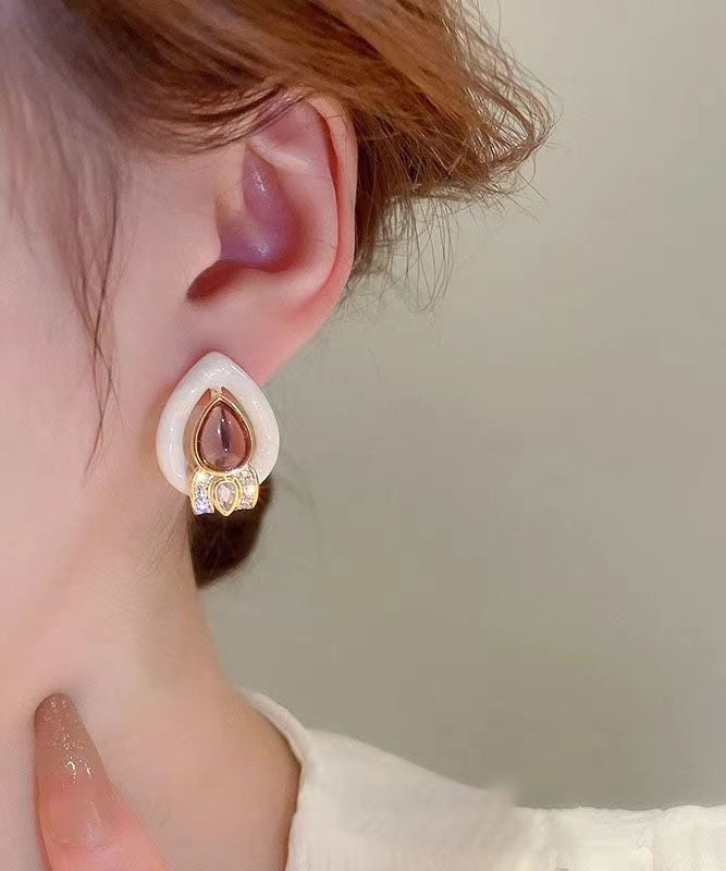 White Sterling Silver Overgild Zircon Crystal Water Drop Stud Earrings
