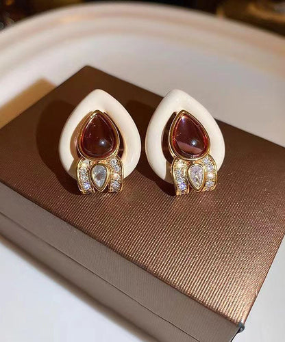 White Sterling Silver Overgild Zircon Crystal Water Drop Stud Earrings