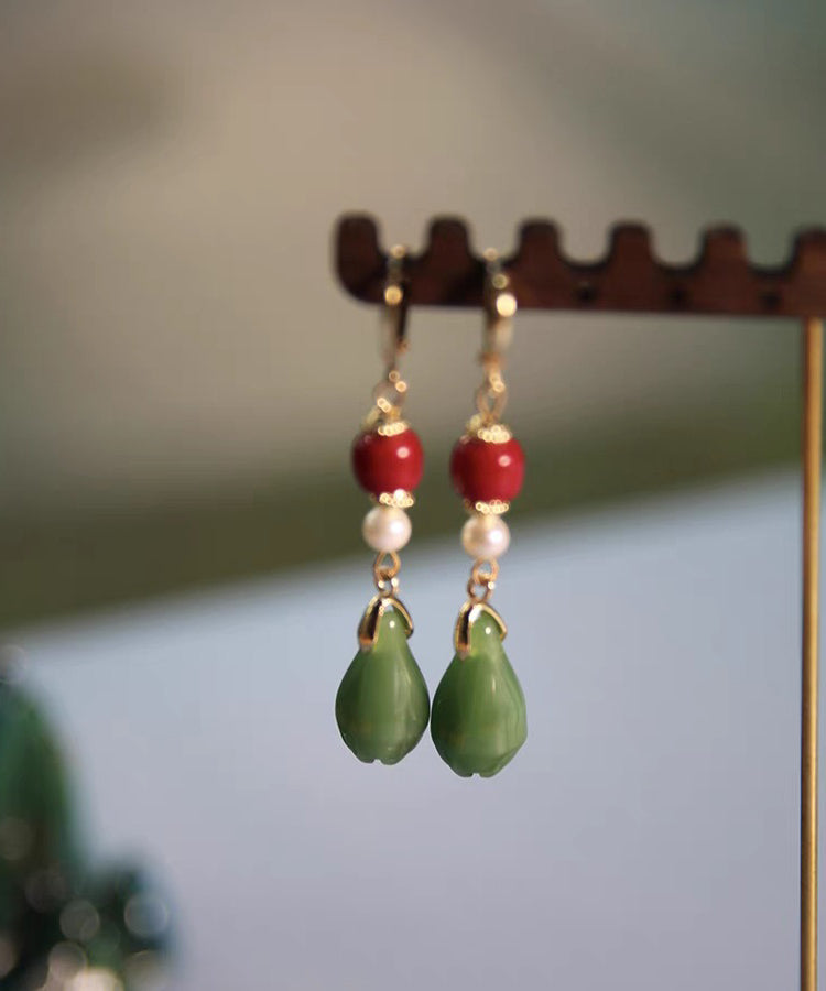 Fine Colorblock Sterling Silver Overgild Jade Orchid Drop Earrings Gh1046