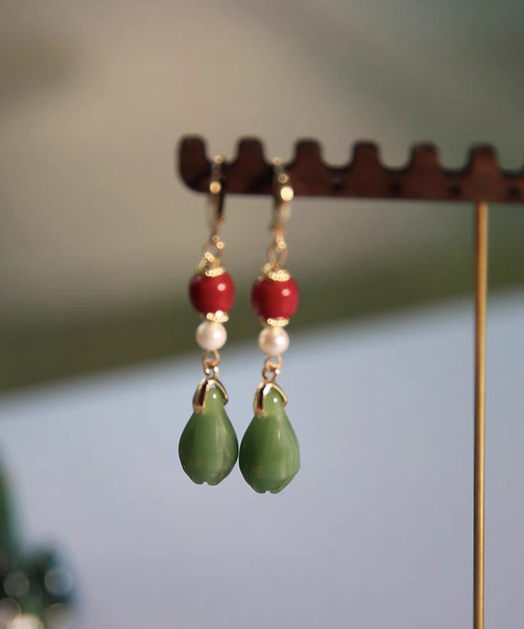 Fine Colorblock Sterling Silver Overgild Jade Orchid Drop Earrings Gh1046