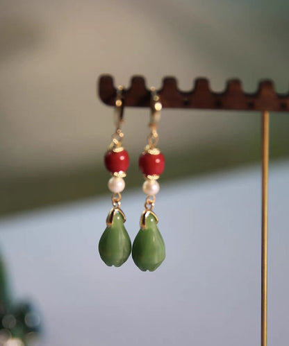 Fine Colorblock Sterling Silver Overgild Jade Orchid Drop Earrings Gh1046