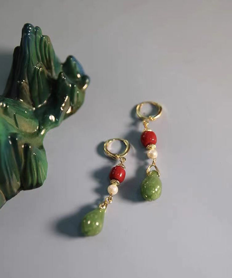 Fine Colorblock Sterling Silver Overgild Jade Orchid Drop Earrings Gh1046