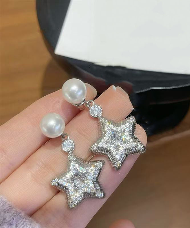 Fine Silk Copper Zircon Pearl Star Drop Earrings