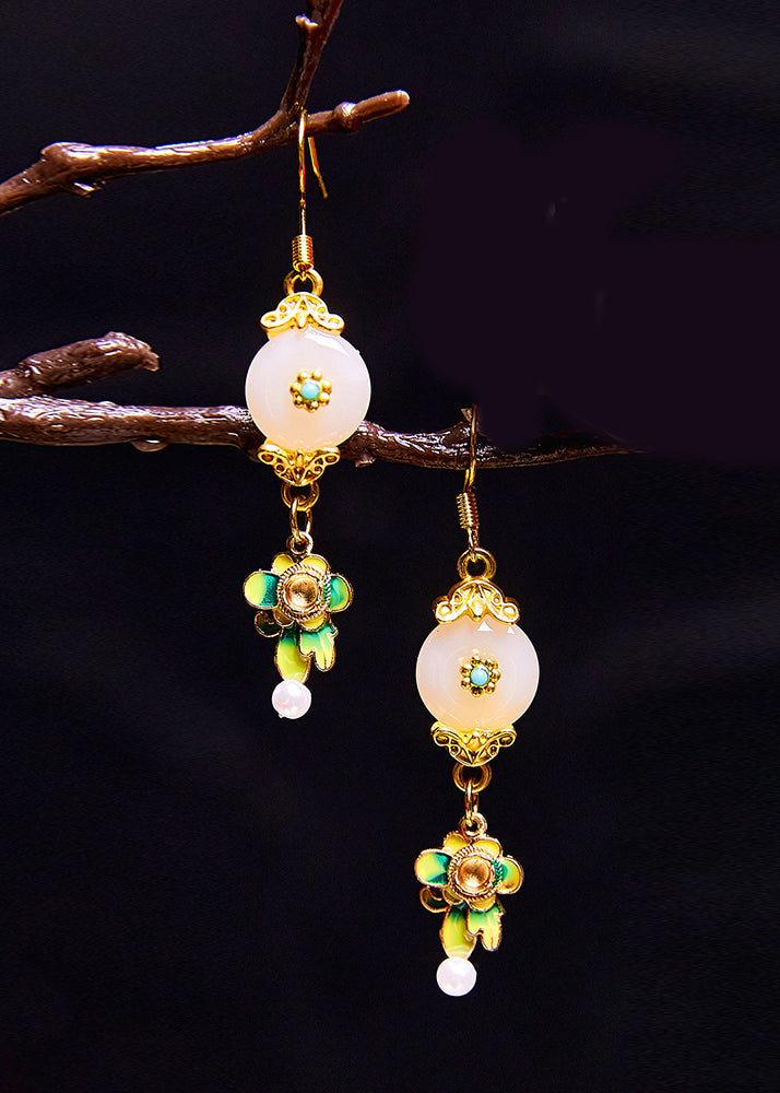 Fine White Jade Paitings Flower Metal Drop Earrings New Style