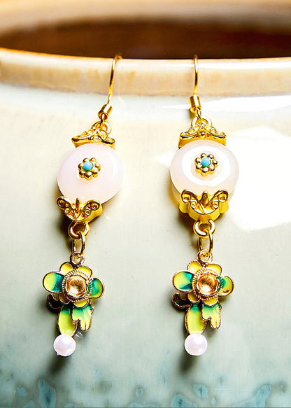 Fine White Jade Paitings Flower Metal Drop Earrings New Style
